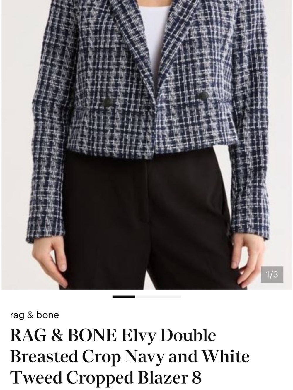 rag & bone Navy and White Tweed Double-Breasted Cropped Blazer